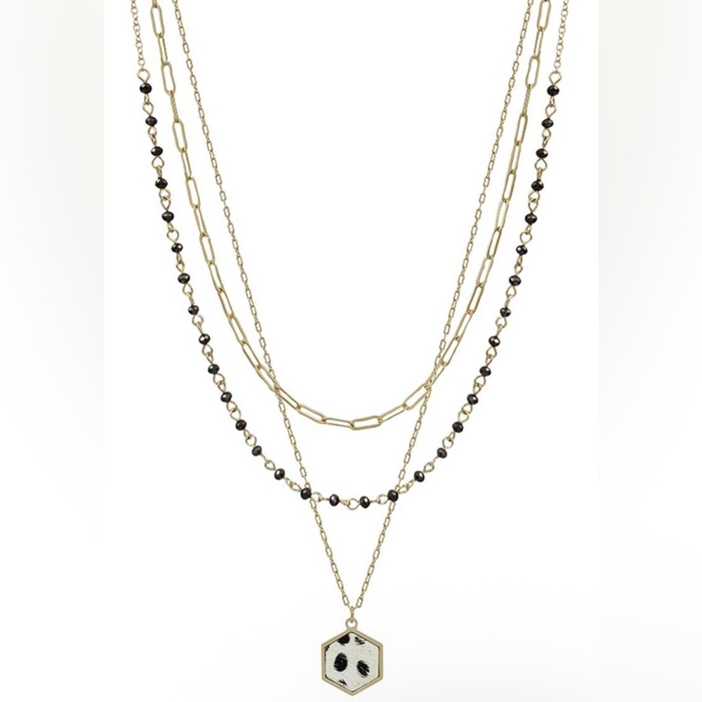 3 layered metal crystal bead chain hexagon leopard pendant necklace women’s